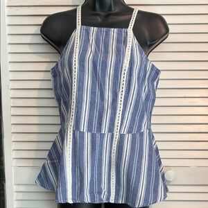 💯 Cotton Blue & White Striped Lace-Trim Tank Top Sz Sm